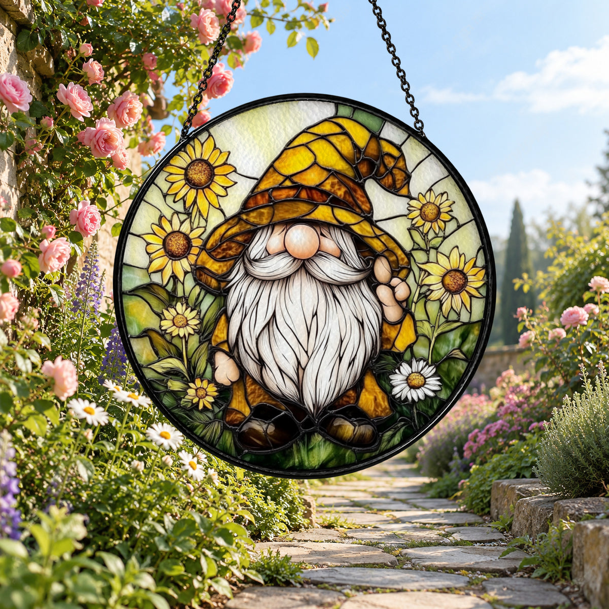 Sunflower Gnome in Autumn Garden stained glass window suncatcher – third gallery view