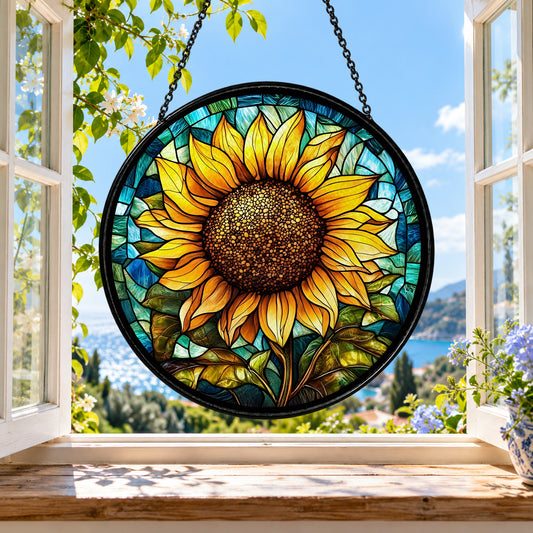 Sunflower with Turquoise Border stained glass suncatcher window hanging – front design view