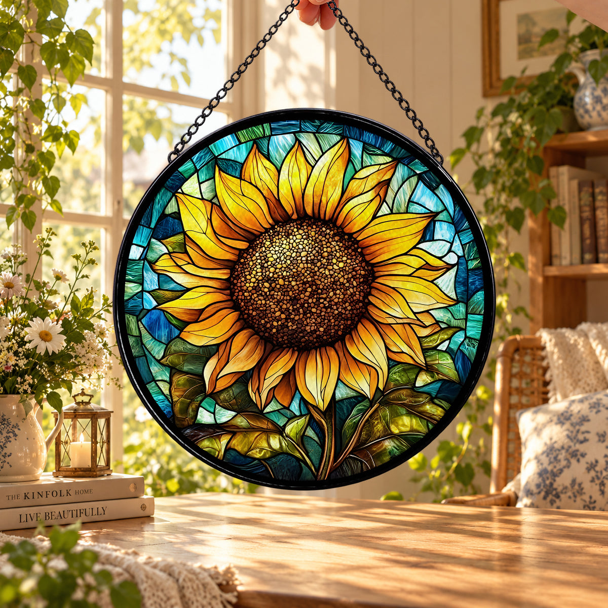 Sunflower with Turquoise Border round stained glass window hanging – second gallery view
