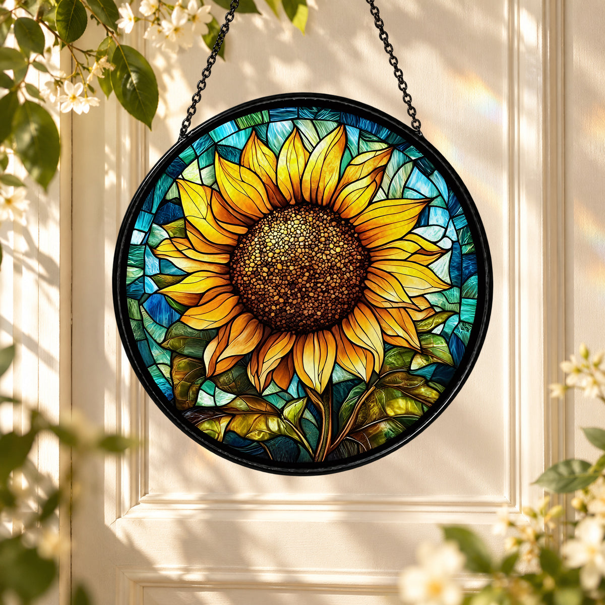 Sunflower with Turquoise Border stained glass window suncatcher – third gallery view