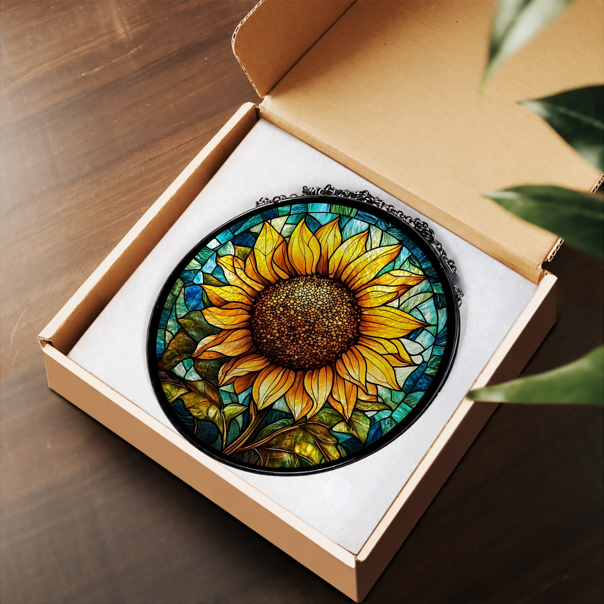 Sunflower with Turquoise Border stained glass suncatcher – flat printed artwork design