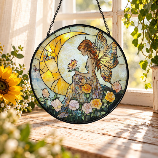 Sunlit Fairy with Garden Flowers stained glass suncatcher window hanging – front design view