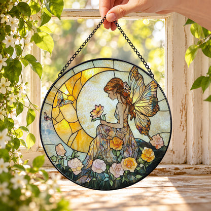 Sunlit Fairy with Garden Flowers round stained glass window hanging – second gallery view