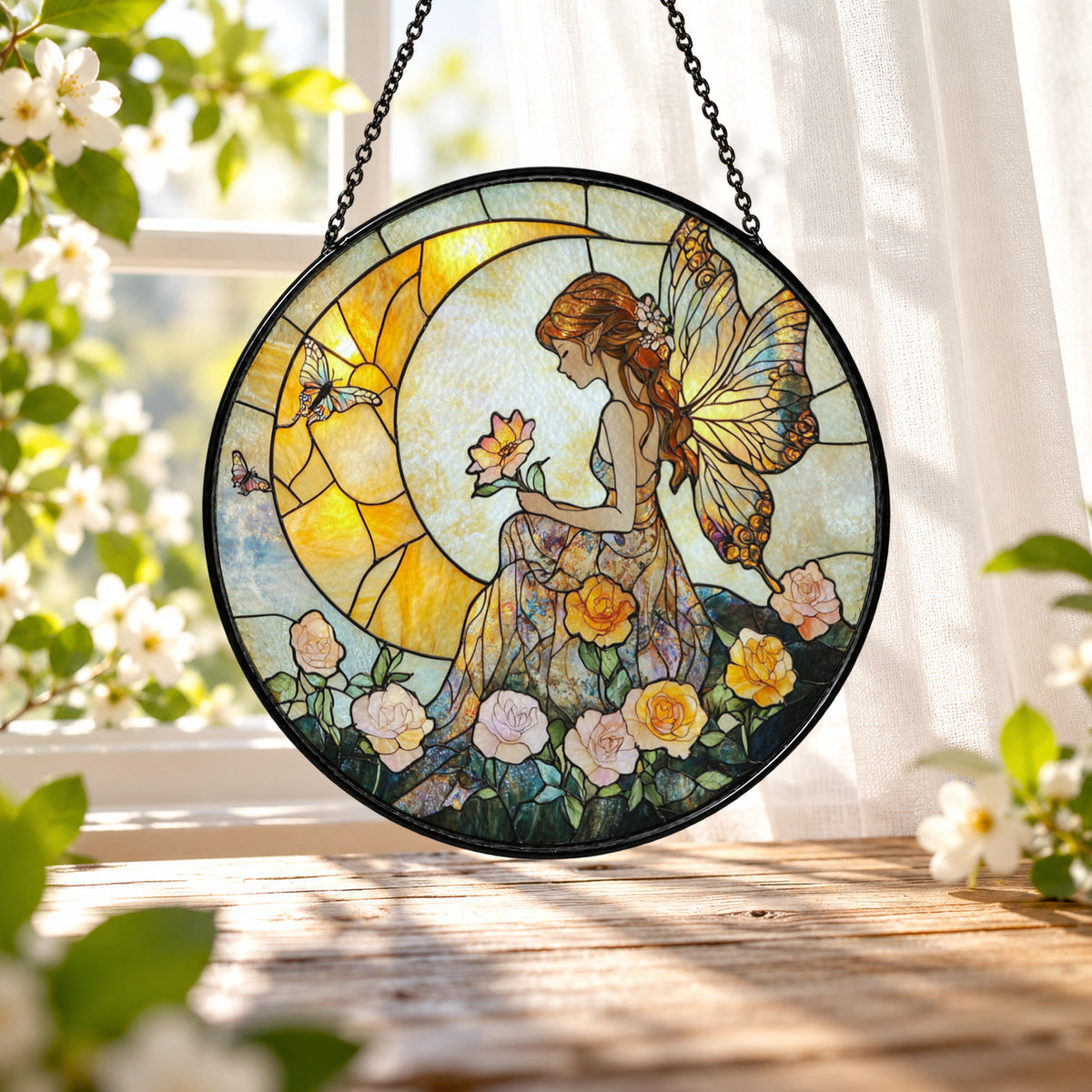 Sunlit Fairy with Garden Flowers stained glass window suncatcher – third gallery view