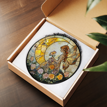 Sunlit Fairy with Garden Flowers stained glass suncatcher – flat printed artwork design