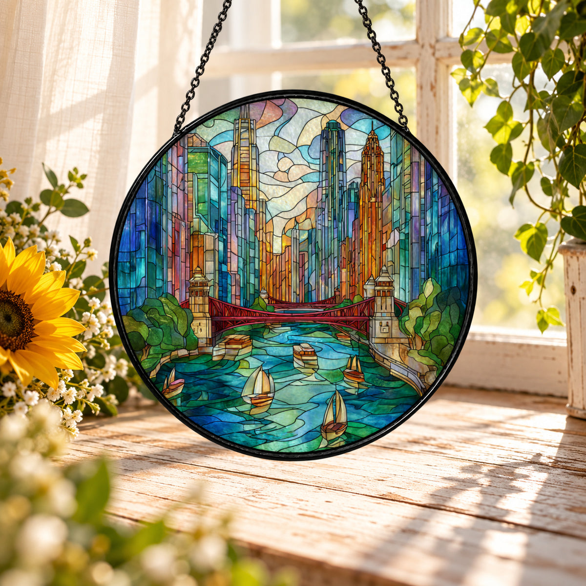 Sunlit Woodland Forest and Creek stained glass suncatcher window hanging – front design view