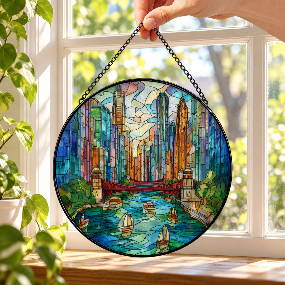 Sunlit Woodland Forest and Creek round stained glass window hanging – second gallery view