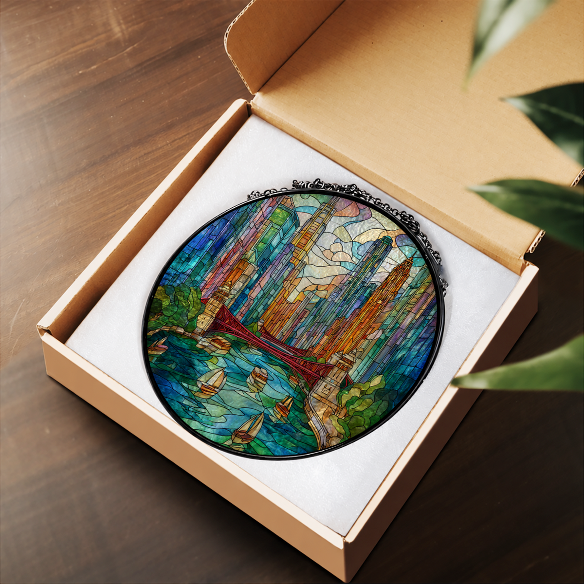 Sunlit Woodland Forest and Creek stained glass suncatcher – flat printed artwork design