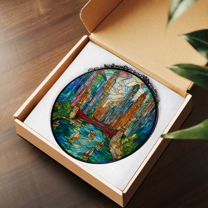 Sunlit Woodland Forest and Creek stained glass suncatcher – flat printed artwork design