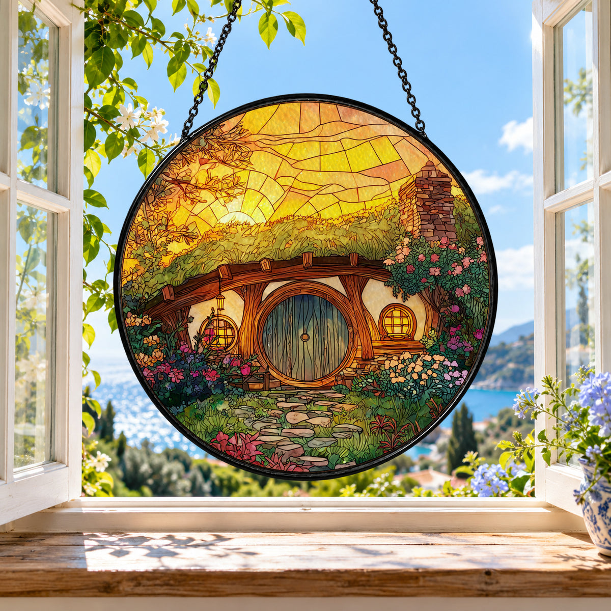 Sunny Round Door Hobbit Cottage stained glass suncatcher window hanging – front design view