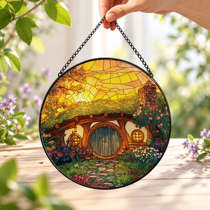 Sunny Round Door Hobbit Cottage round stained glass window hanging – second gallery view