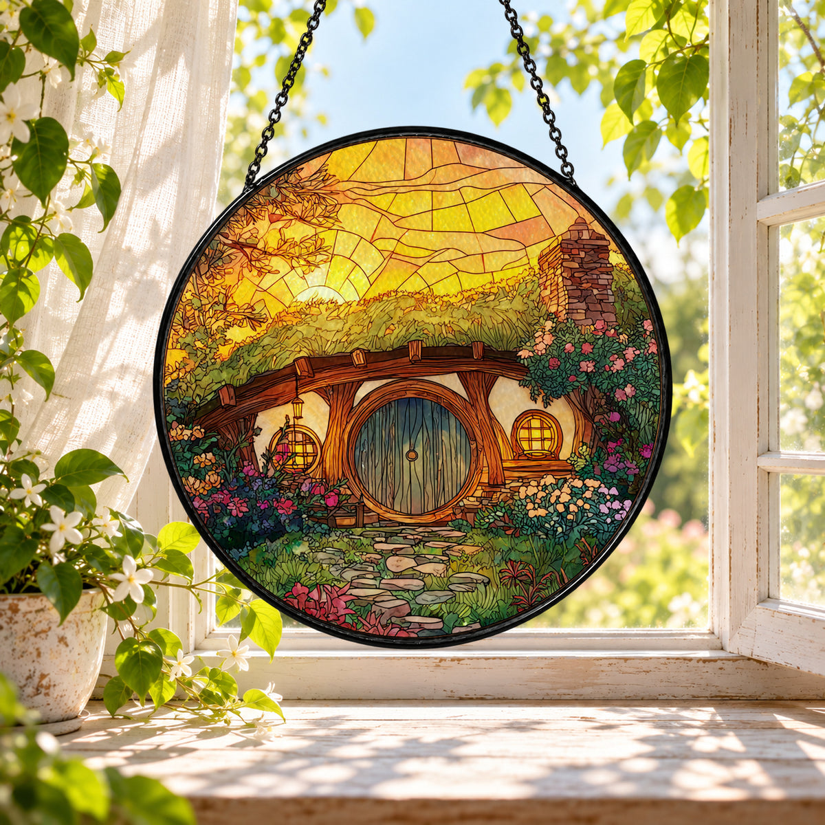 Sunny Round Door Hobbit Cottage stained glass window suncatcher – third gallery view
