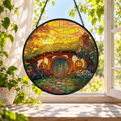 Sunny Round Door Hobbit Cottage stained glass window suncatcher – third gallery view