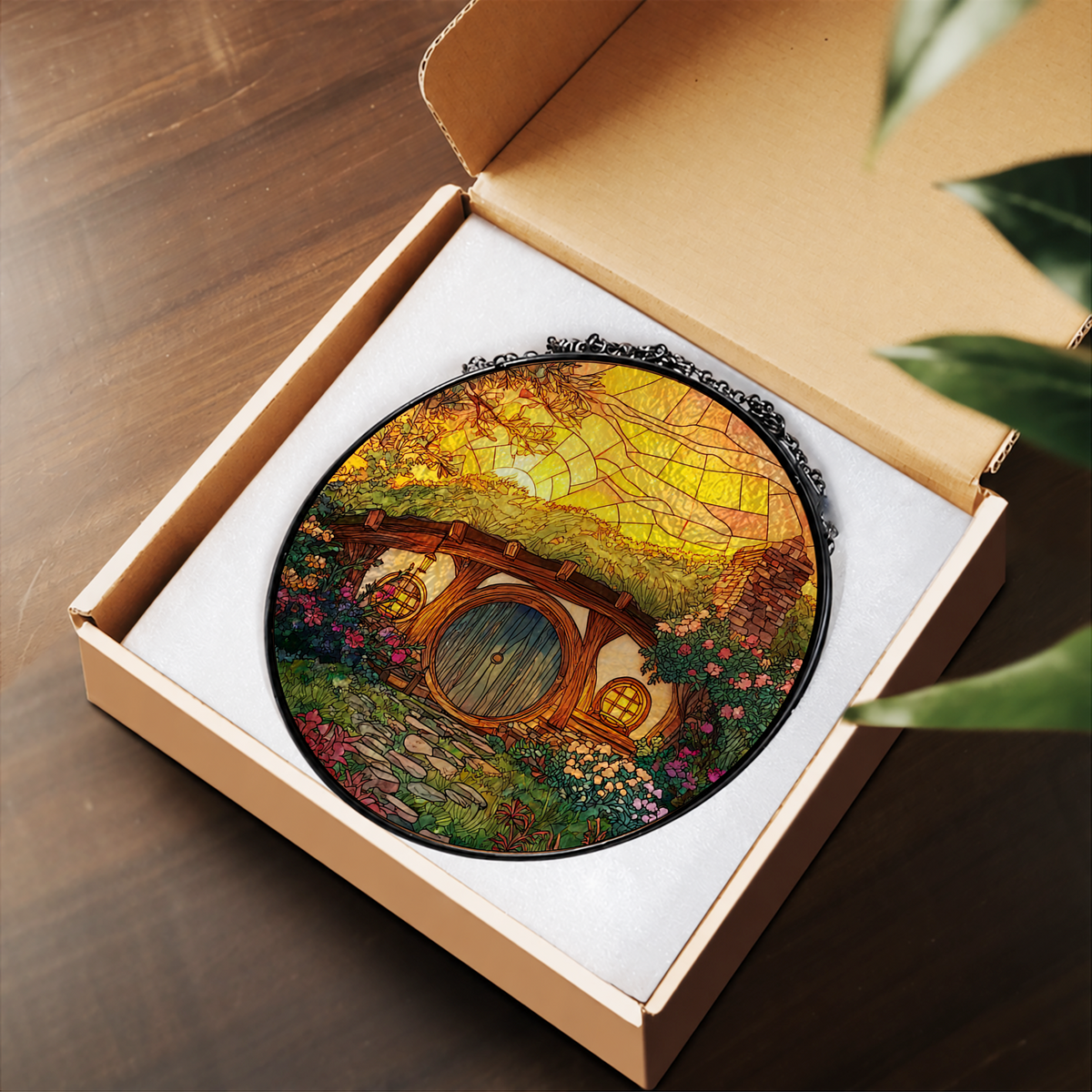 Sunny Round Door Hobbit Cottage stained glass suncatcher – flat printed artwork design