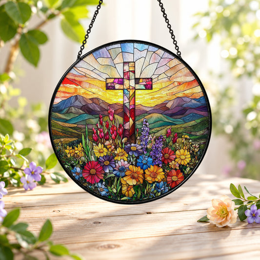 Sunrise Cross and Mountain Wildflowers stained glass suncatcher window hanging – front design view