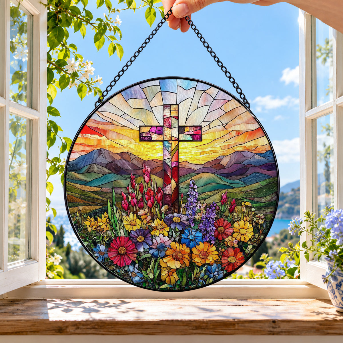 Sunrise Cross and Mountain Wildflowers round stained glass window hanging – second gallery view