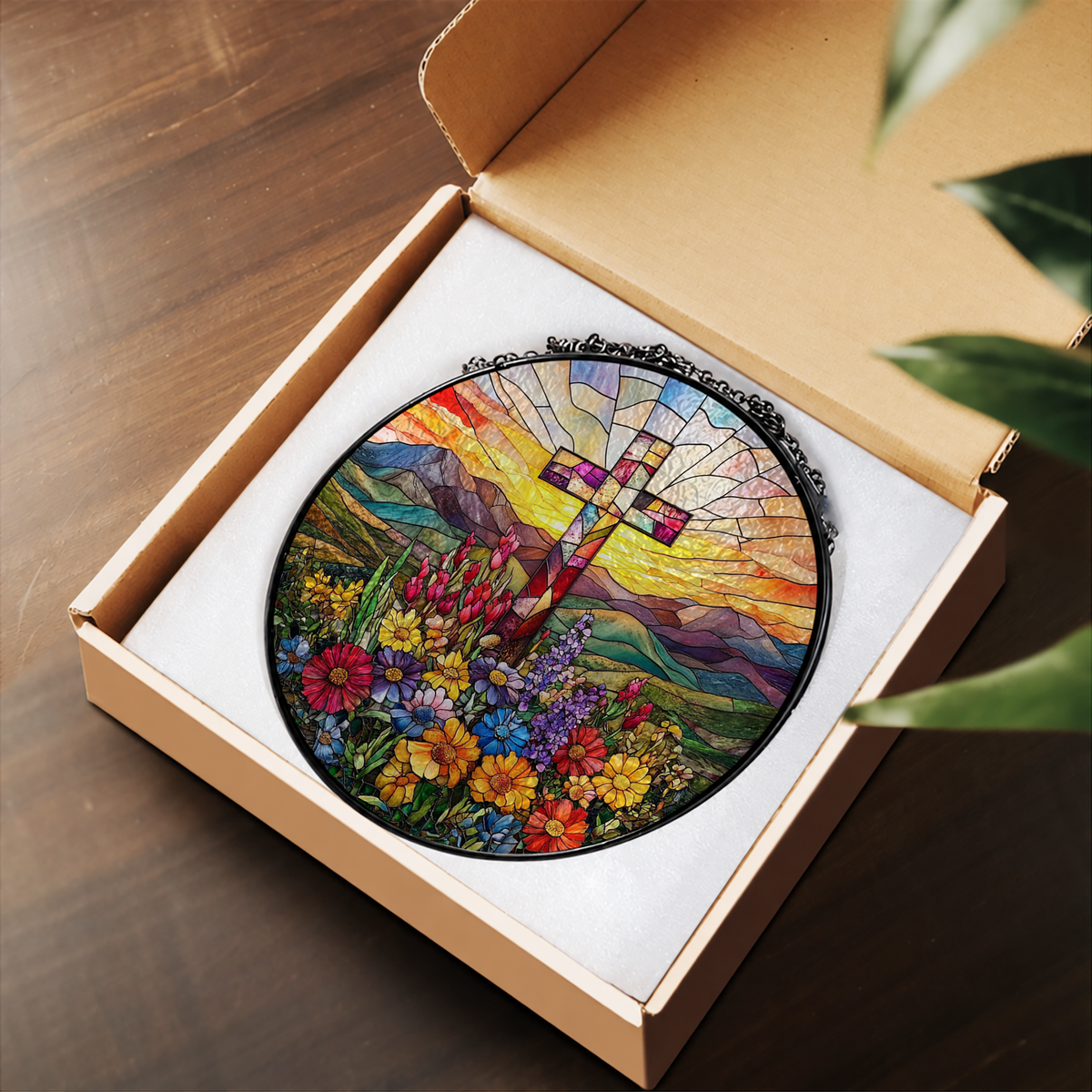 Sunrise Cross and Mountain Wildflowers stained glass suncatcher – flat printed artwork design