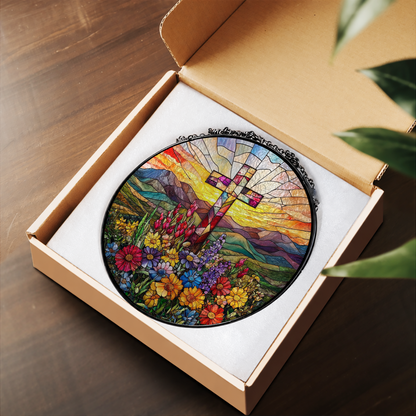 Sunrise Cross and Mountain Wildflowers stained glass suncatcher – flat printed artwork design