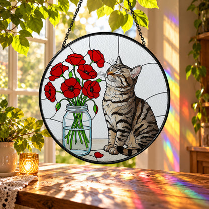 Tabby Cat by Red Poppy Flowers stained glass suncatcher window hanging – front design view