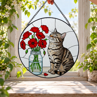 Tabby Cat by Red Poppy Flowers round stained glass window hanging – second gallery view