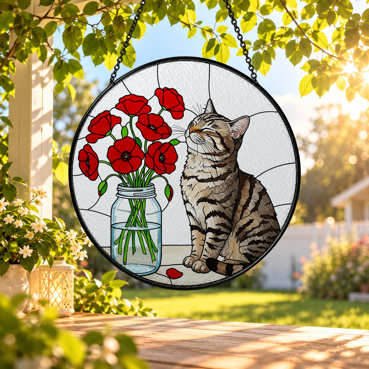 Tabby Cat by Red Poppy Flowers stained glass window suncatcher – third gallery view