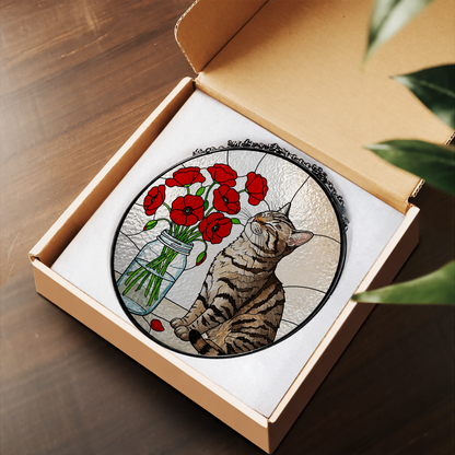 Tabby Cat by Red Poppy Flowers stained glass suncatcher – flat printed artwork design
