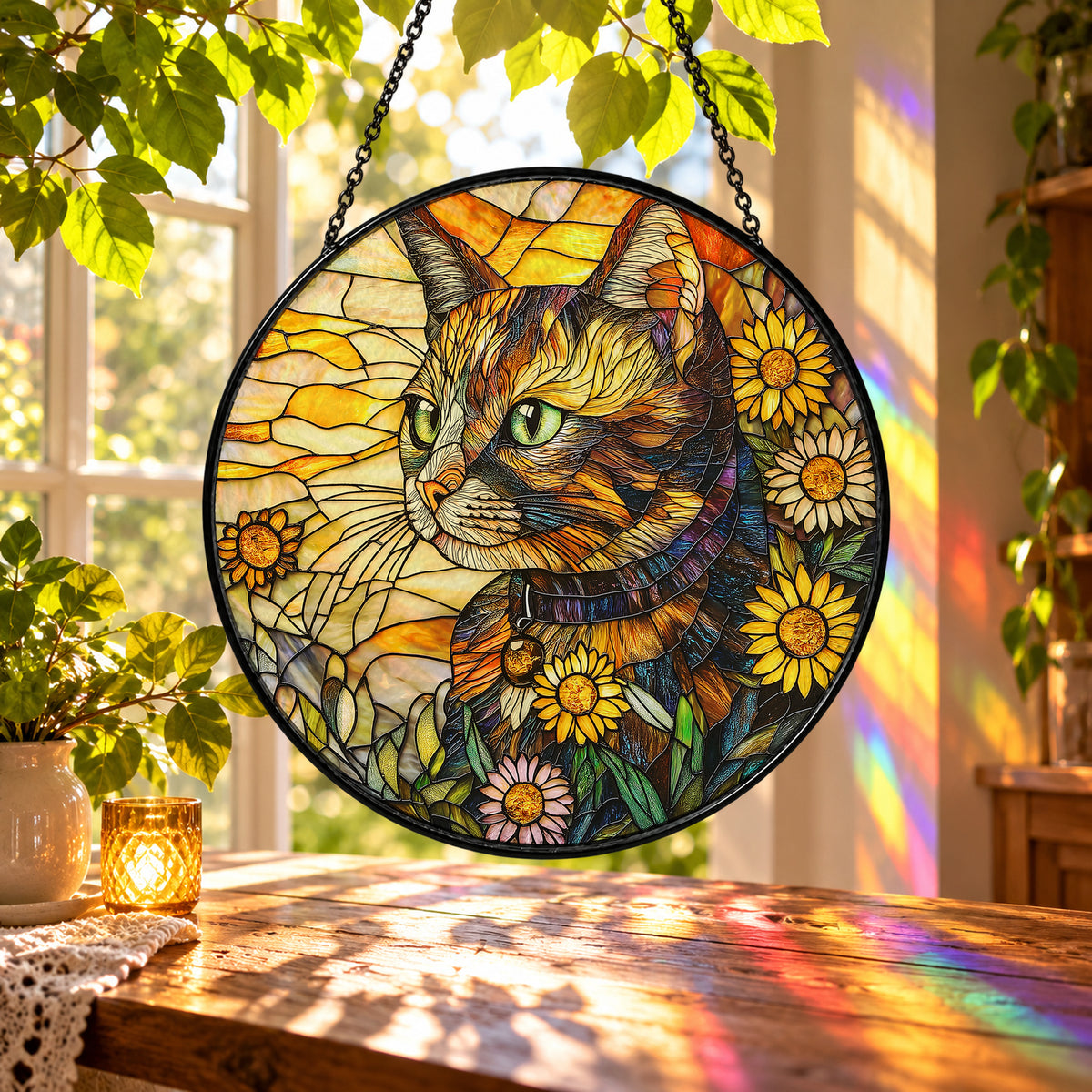 Tabby Cat Surrounded by Sunflowers stained glass suncatcher window hanging – front design view