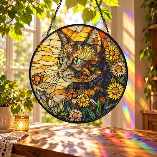 Tabby Cat Surrounded by Sunflowers stained glass suncatcher window hanging – front design view