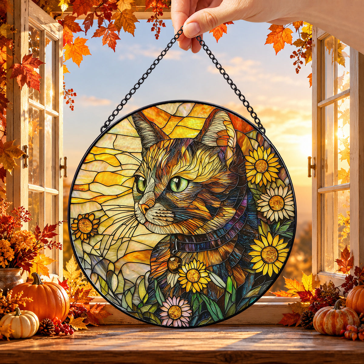 Tabby Cat Surrounded by Sunflowers round stained glass window hanging – second gallery view