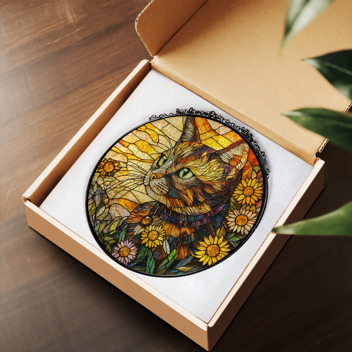 Tabby Cat Surrounded by Sunflowers stained glass suncatcher – flat printed artwork design
