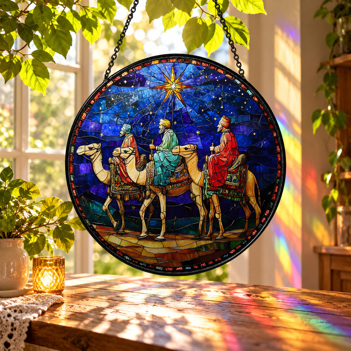 Three Wise Men beneath Christmas Star stained glass suncatcher window hanging – front design view