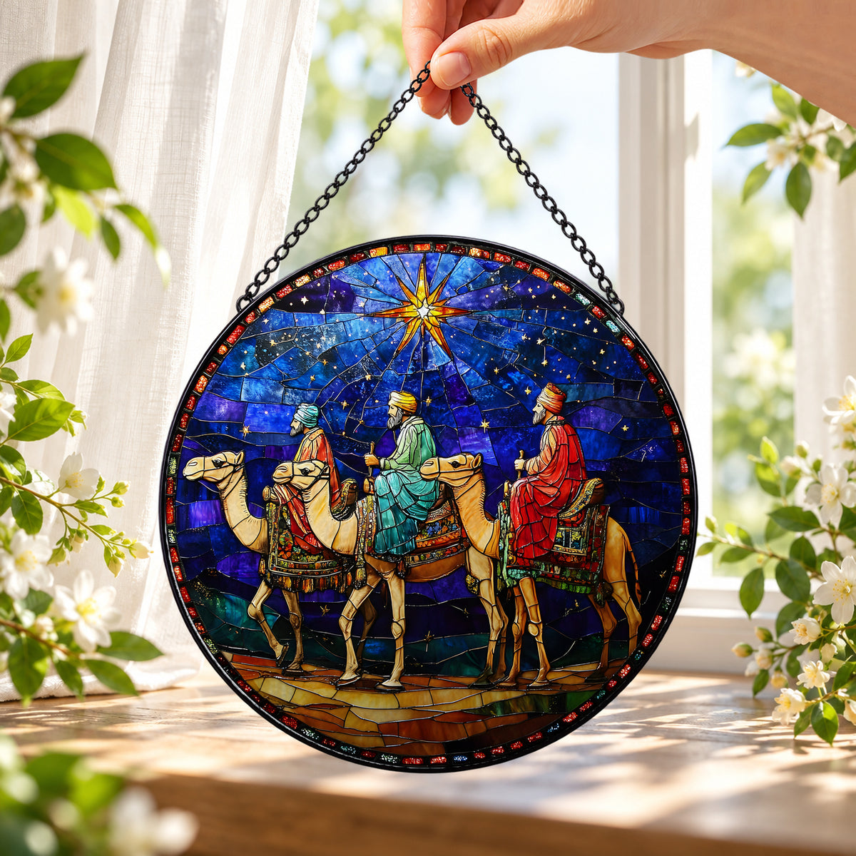 Three Wise Men beneath Christmas Star round stained glass window hanging – second gallery view