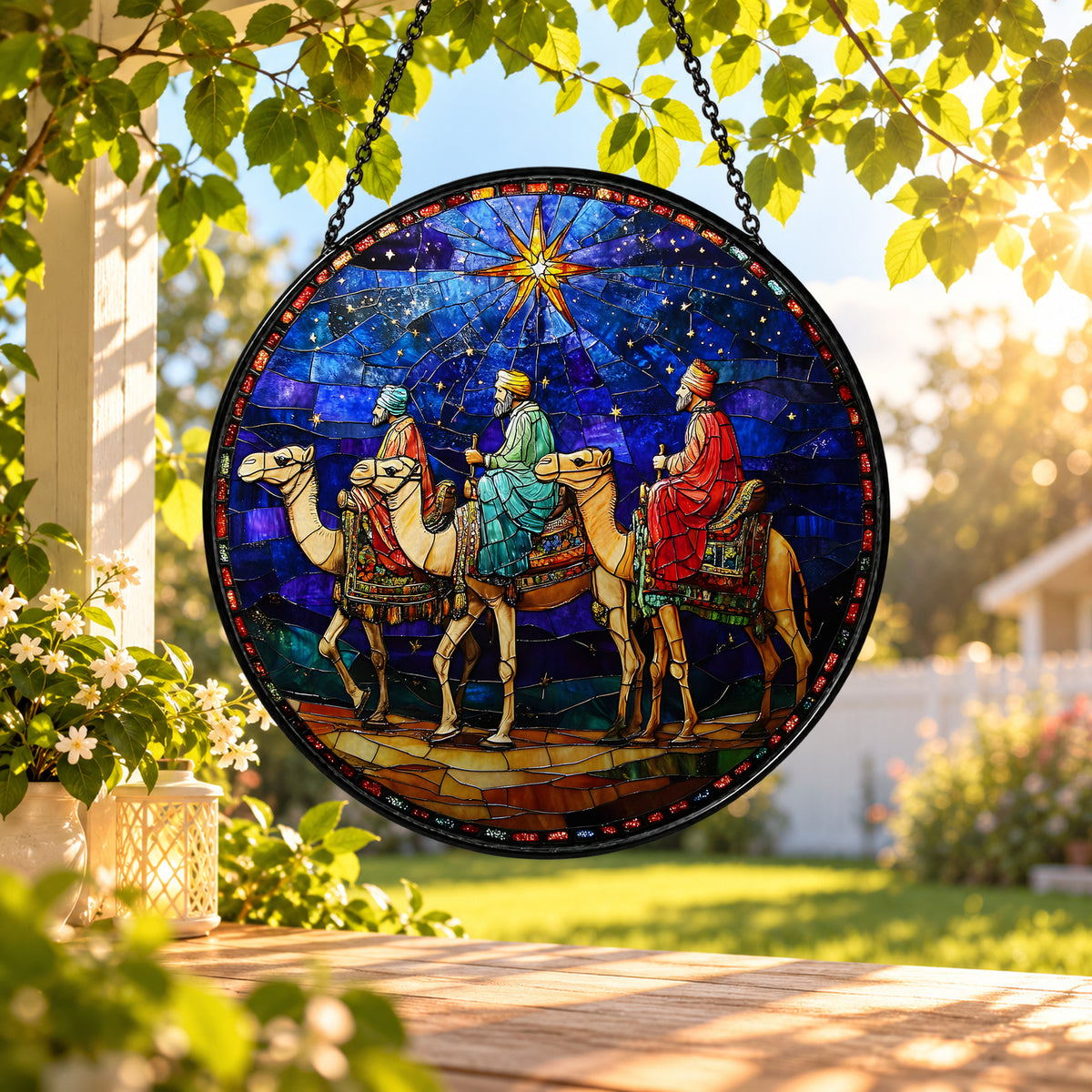 Three Wise Men beneath Christmas Star stained glass window suncatcher – third gallery view