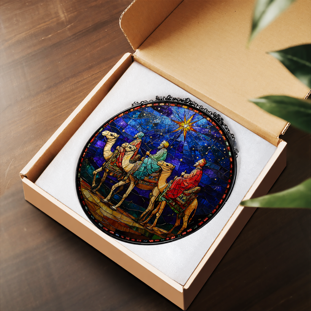 Three Wise Men beneath Christmas Star stained glass suncatcher – flat printed artwork design