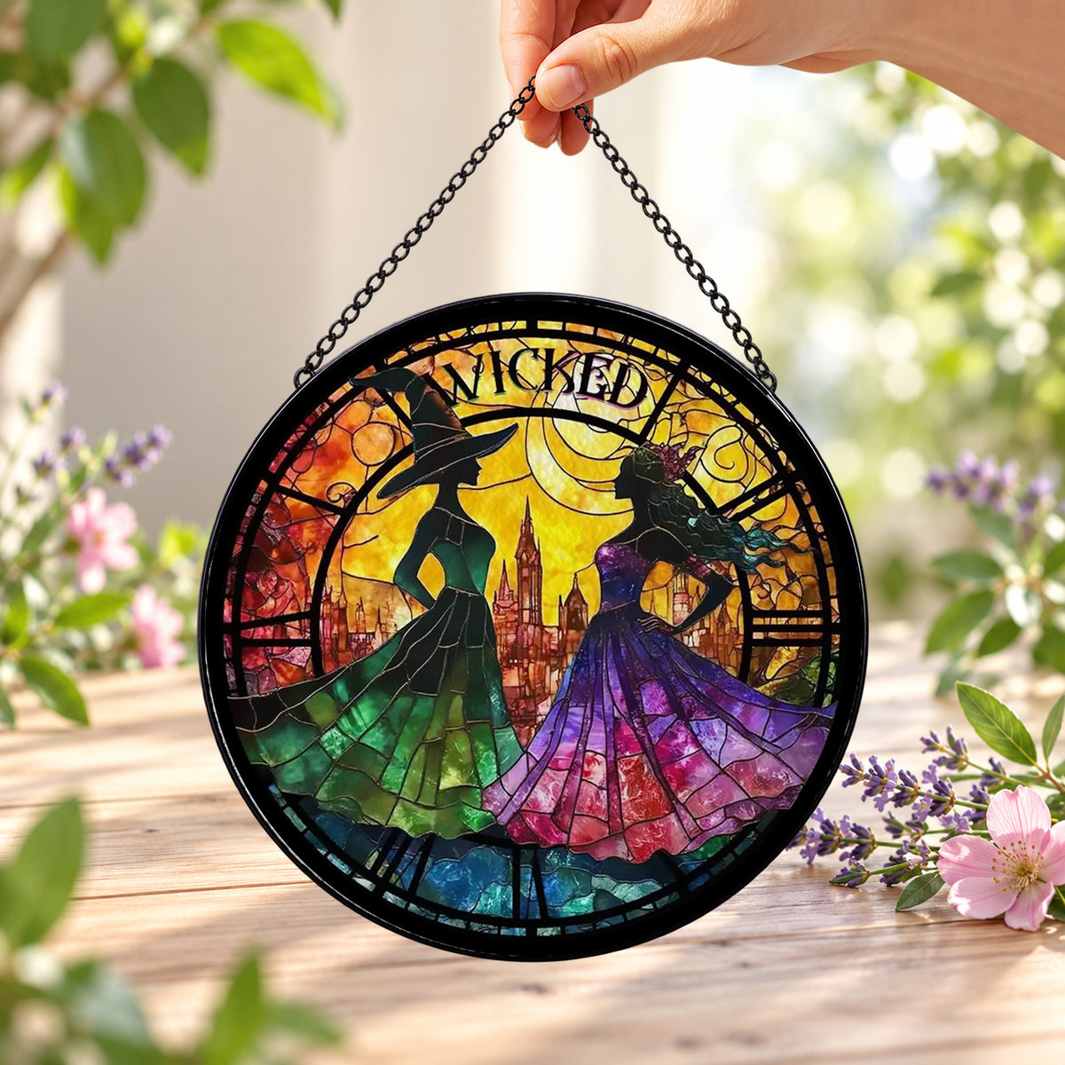 Three Witches in Moonlit Circle round stained glass window hanging – second gallery view