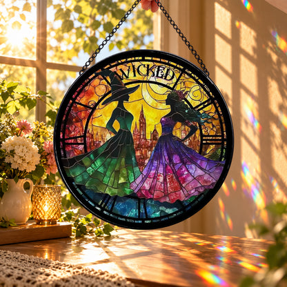 Three Witches in Moonlit Circle stained glass window suncatcher – third gallery view