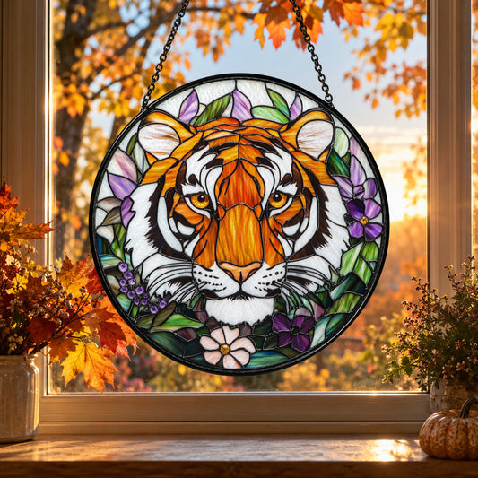 Tiger Face with White Lotus Flowers stained glass suncatcher window hanging – front design view