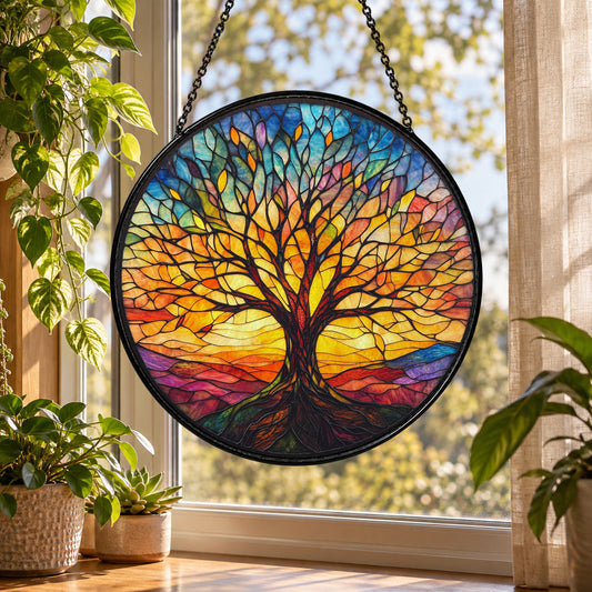 Tree of Life at Sunset stained glass suncatcher window hanging – front design view