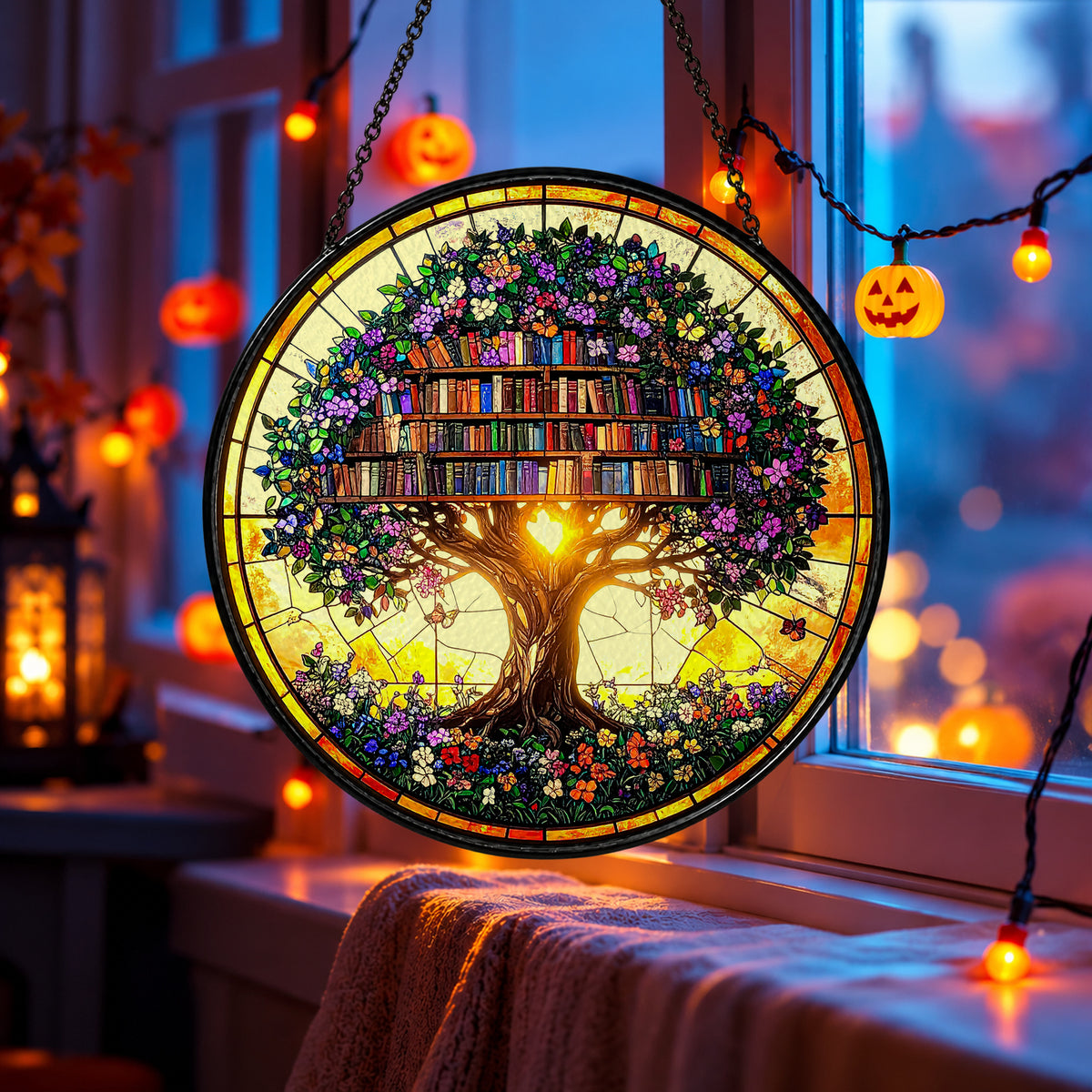 Tree Shaped Bookshelf of Magical Books stained glass suncatcher window hanging – front design view