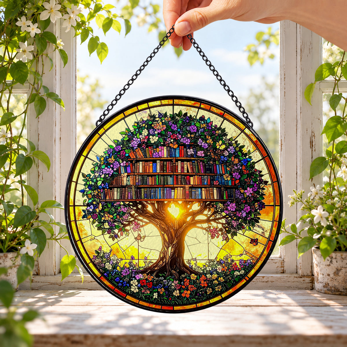 Tree Shaped Bookshelf of Magical Books round stained glass window hanging – second gallery view