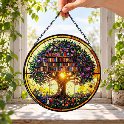 Tree Shaped Bookshelf of Magical Books round stained glass window hanging – second gallery view