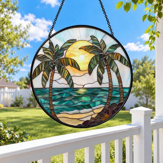 Tropical Palm Trees on Sandy Beach stained glass suncatcher window hanging – front design view