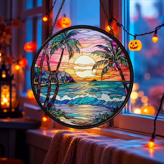 Tropical Palm Trees over Sunset Beach stained glass suncatcher window hanging – front design view