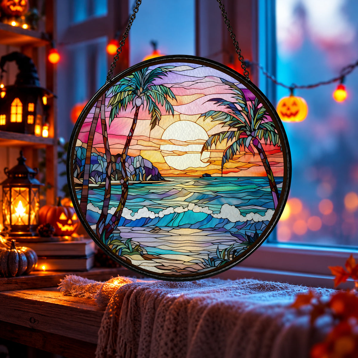 Tropical Palm Trees over Sunset Beach stained glass window suncatcher – third gallery view