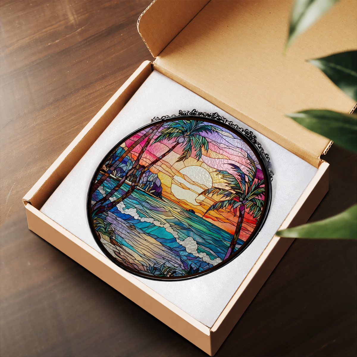 Tropical Palm Trees over Sunset Beach stained glass suncatcher – flat printed artwork design