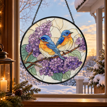 Two Bluebirds among Lilac Flowers stained glass suncatcher window hanging – front design view
