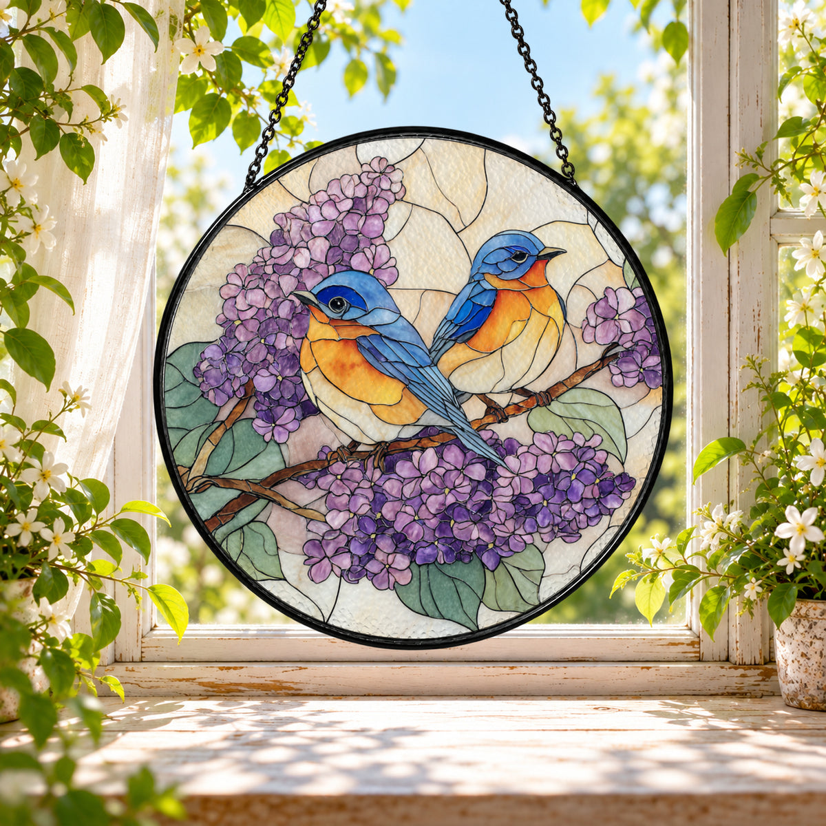 Two Bluebirds among Lilac Flowers stained glass window suncatcher – third gallery view