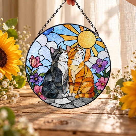 Two Cats Watching Golden Sunrise stained glass suncatcher window hanging – front design view