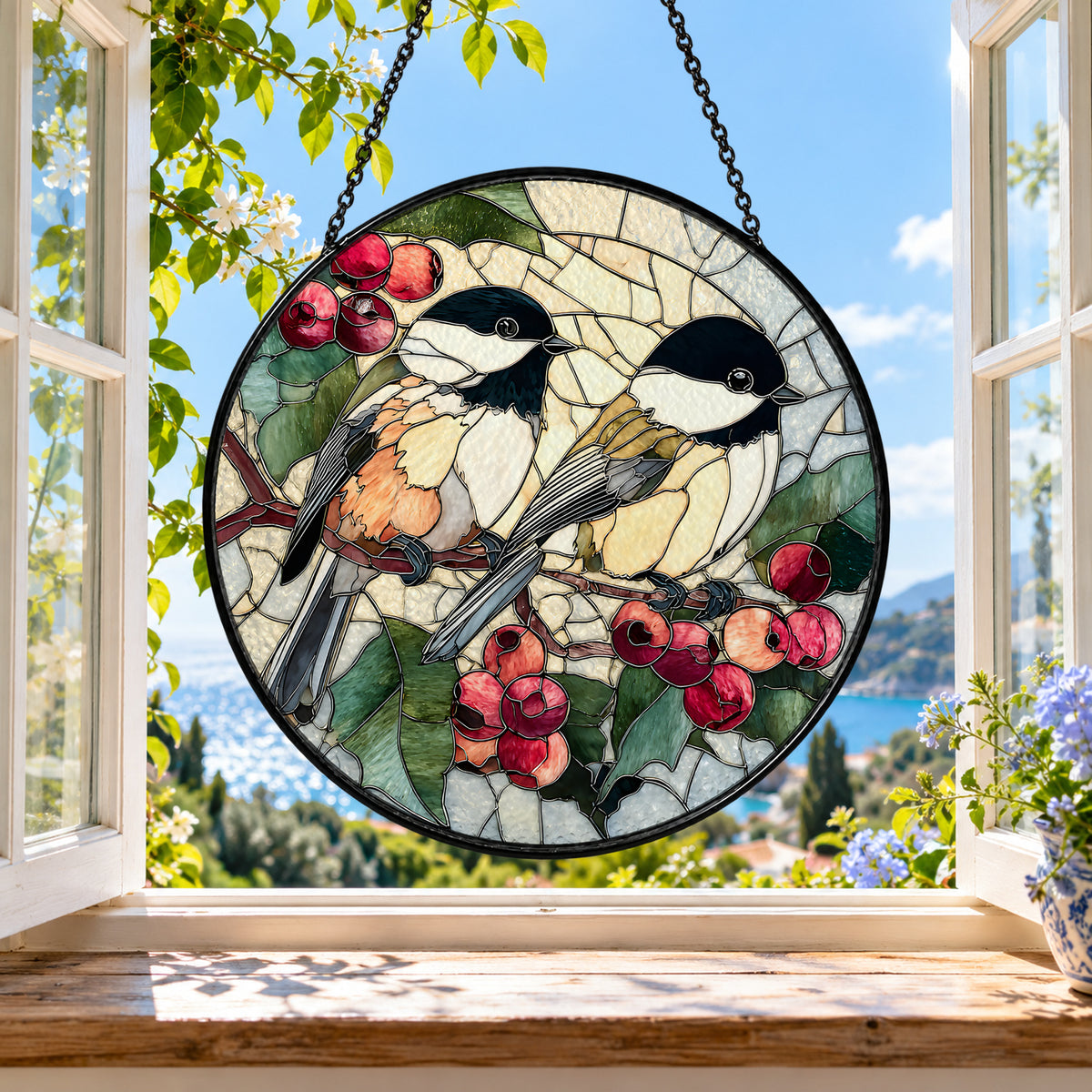 Two Chickadees on Blossom Branch stained glass suncatcher window hanging – front design view
