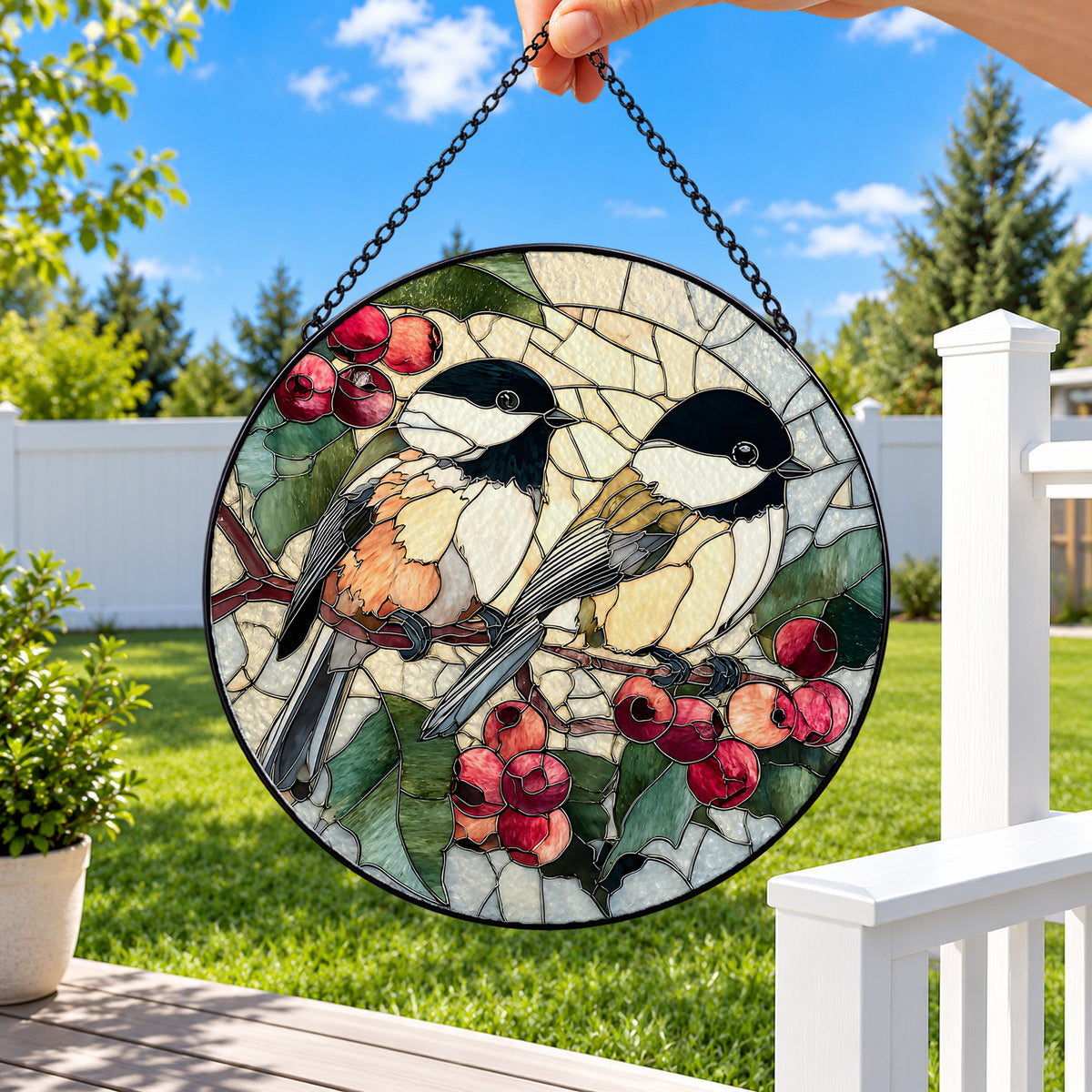 Two Chickadees on Blossom Branch round stained glass window hanging – second gallery view
